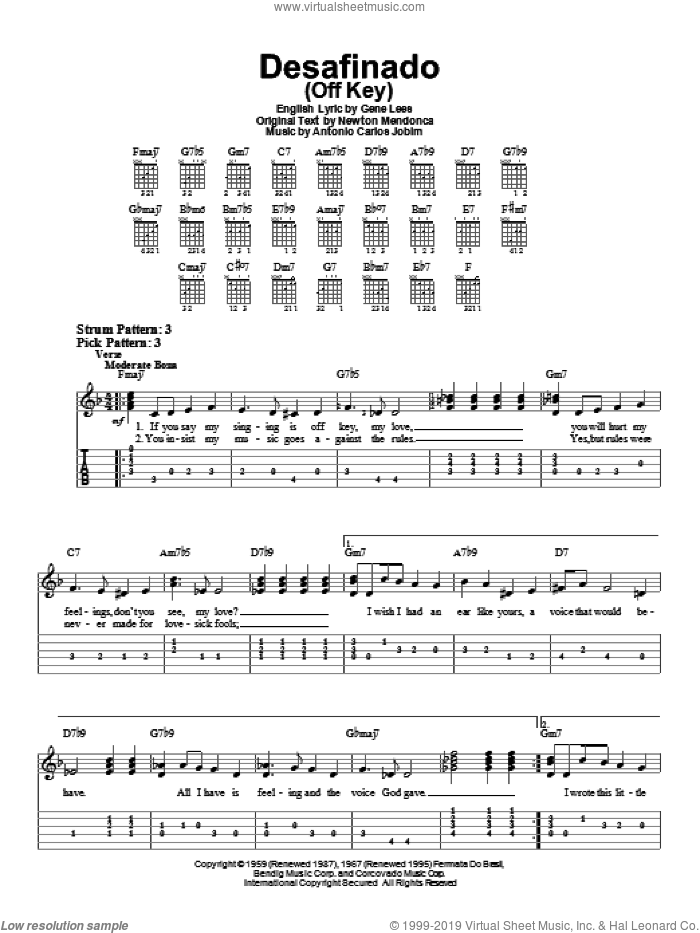 Desafinado (Off Key) sheet music for guitar solo (easy tablature) by Antonio Carlos Jobim, Eugene John Lees and Newton Mendonca, easy guitar (easy tablature)