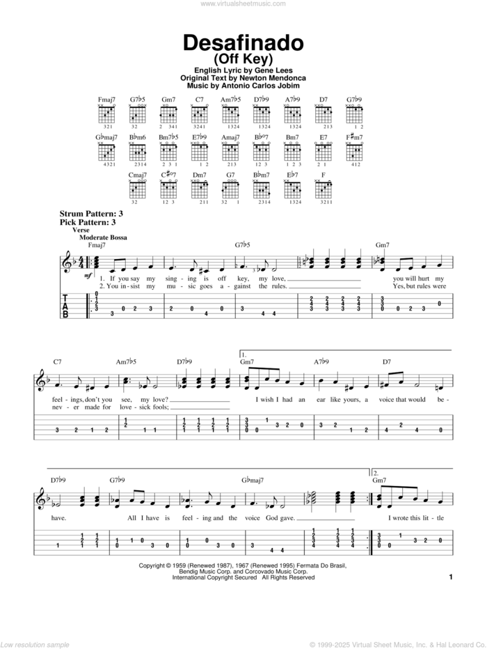 Desafinado (Off Key) sheet music for guitar solo (easy tablature) by Antonio Carlos Jobim, Eugene John Lees and Newton Mendonca, easy guitar (easy tablature)