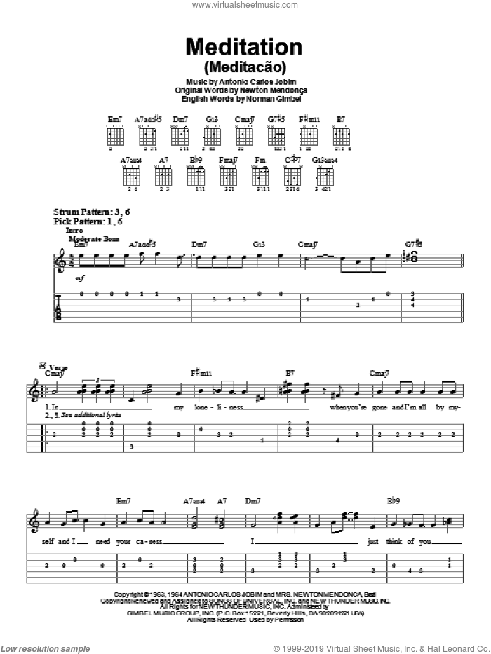 Meditation (Meditacao) sheet music for guitar solo (easy tablature) by Antonio Carlos Jobim, Newton Mendonca and Norman Gimbel, easy guitar (easy tablature)