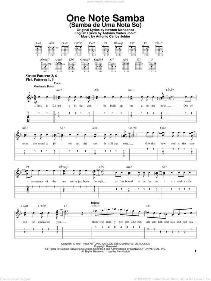 One Note Samba (Samba De Uma Nota So) sheet music for guitar solo (easy tablature) by Antonio Carlos Jobim and Newton Mendonca, easy guitar (easy tablature)