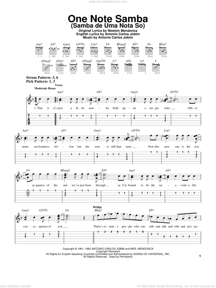 One Note Samba (Samba De Uma Nota So) sheet music for guitar solo (easy tablature) by Antonio Carlos Jobim and Newton Mendonca, easy guitar (easy tablature)