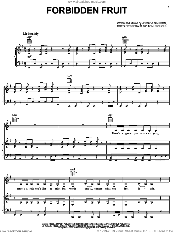 Forbidden Fruit sheet music for voice, piano or guitar by Jessica Simpson, Gregg Fitzgerald and Tom Nichols, intermediate skill level