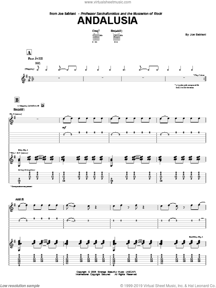 Andalusia sheet music for guitar (tablature) by Joe Satriani, intermediate skill level