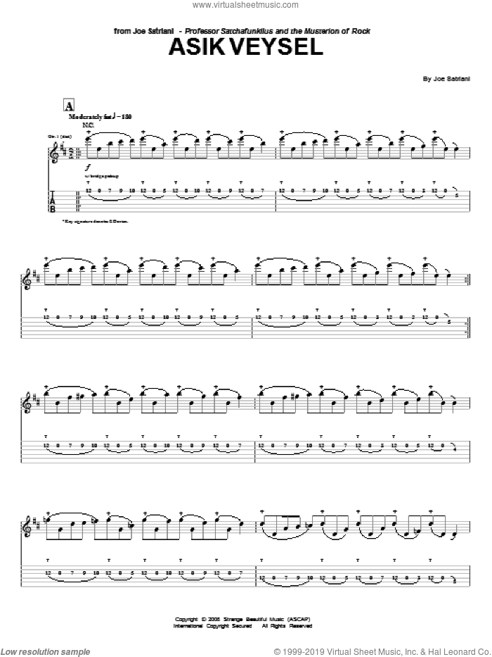 Asik Veysel sheet music for guitar (tablature) by Joe Satriani, intermediate skill level