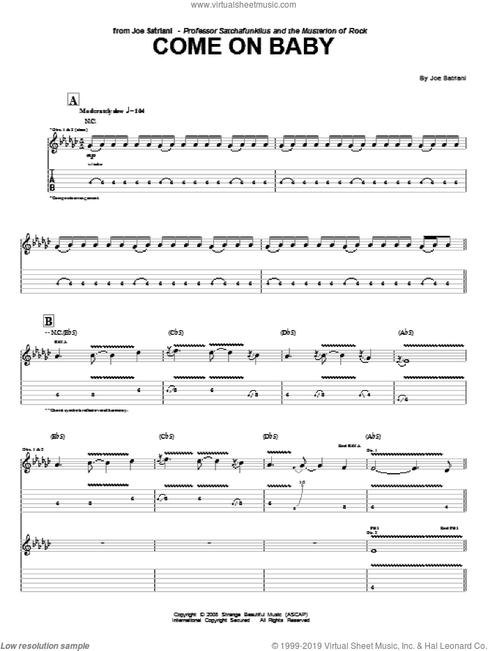 Come On Baby sheet music for guitar (tablature) by Joe Satriani, intermediate skill level