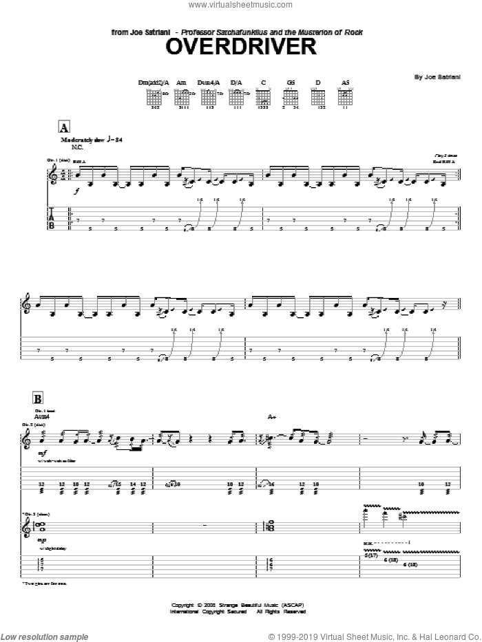 Overdriver sheet music for guitar (tablature) by Joe Satriani, intermediate skill level