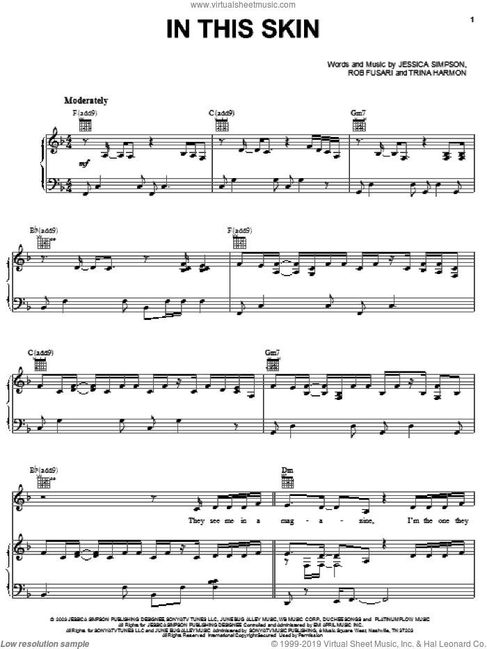 In This Skin sheet music for voice, piano or guitar by Jessica Simpson, Rob Fusari and Trina Harmon, intermediate skill level