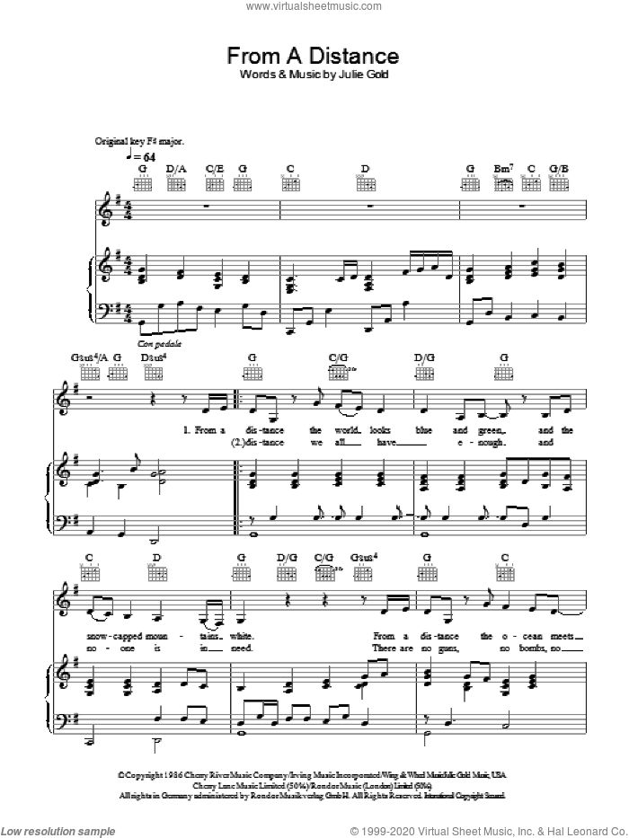 From A Distance sheet music for voice, piano or guitar by Bette Midler, Nanci Griffith and Julie Gold, intermediate skill level