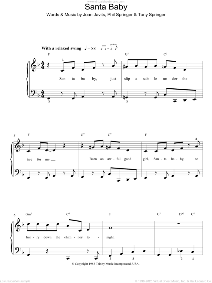 Santa Baby sheet music for piano solo by Eartha Kitt, Joan Javits, Phil Springer and Tony Springer, easy skill level