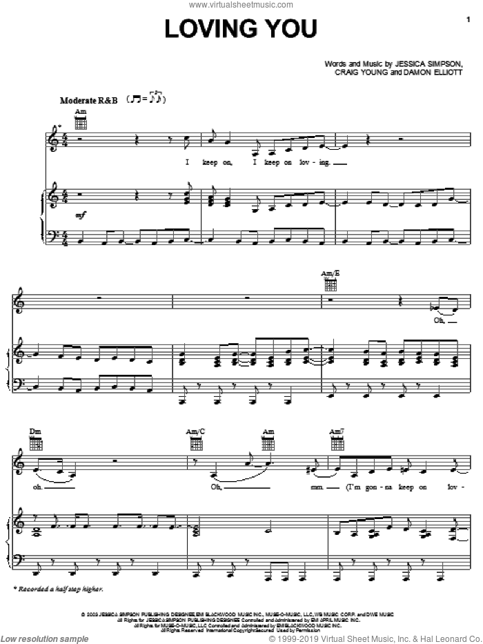 Loving You sheet music for voice, piano or guitar by Jessica Simpson, Craig Young and Damon Elliott, intermediate skill level