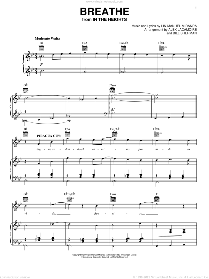 Breathe (from In The Heights: The Musical) sheet music for voice, piano or guitar by Lin-Manuel Miranda and In The Heights (Musical), intermediate skill level