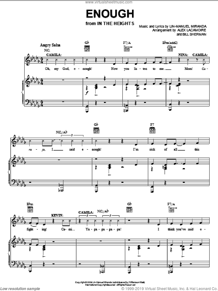Enough (from In The Heights: The Musical) sheet music for voice, piano or guitar by Lin-Manuel Miranda and In The Heights (Musical), intermediate skill level