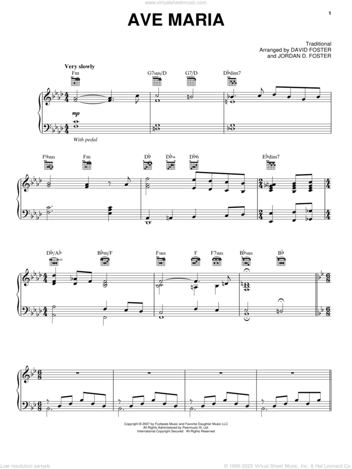 Ave Maria sheet music for voice, piano or guitar by Josh Groban, David Foster, Jordan D. Foster and Miscellaneous, intermediate skill level