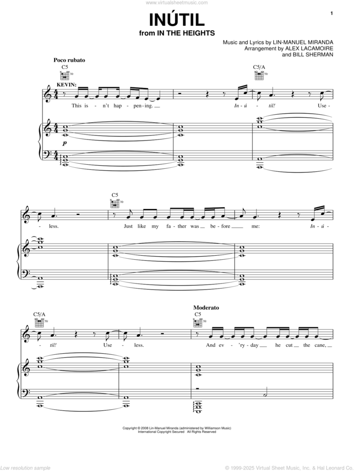 Inutil (from In The Heights: The Musical) sheet music for voice, piano or guitar by Lin-Manuel Miranda and In The Heights (Musical), intermediate skill level