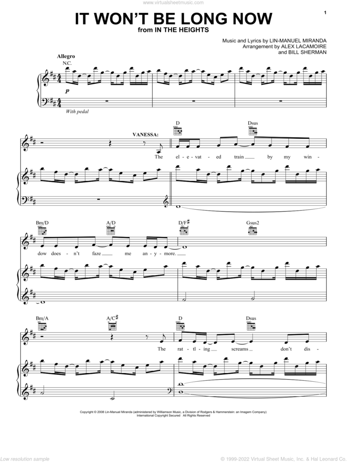 It Won't Be Long Now (from In The Heights: The Musical) sheet music for voice, piano or guitar by Lin-Manuel Miranda and In The Heights (Musical), intermediate skill level