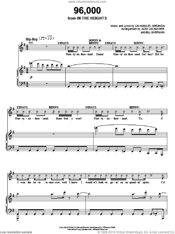 96,000 (from In The Heights: The Musical) sheet music for voice, piano or guitar by Lin-Manuel Miranda and In The Heights (Musical), intermediate skill level