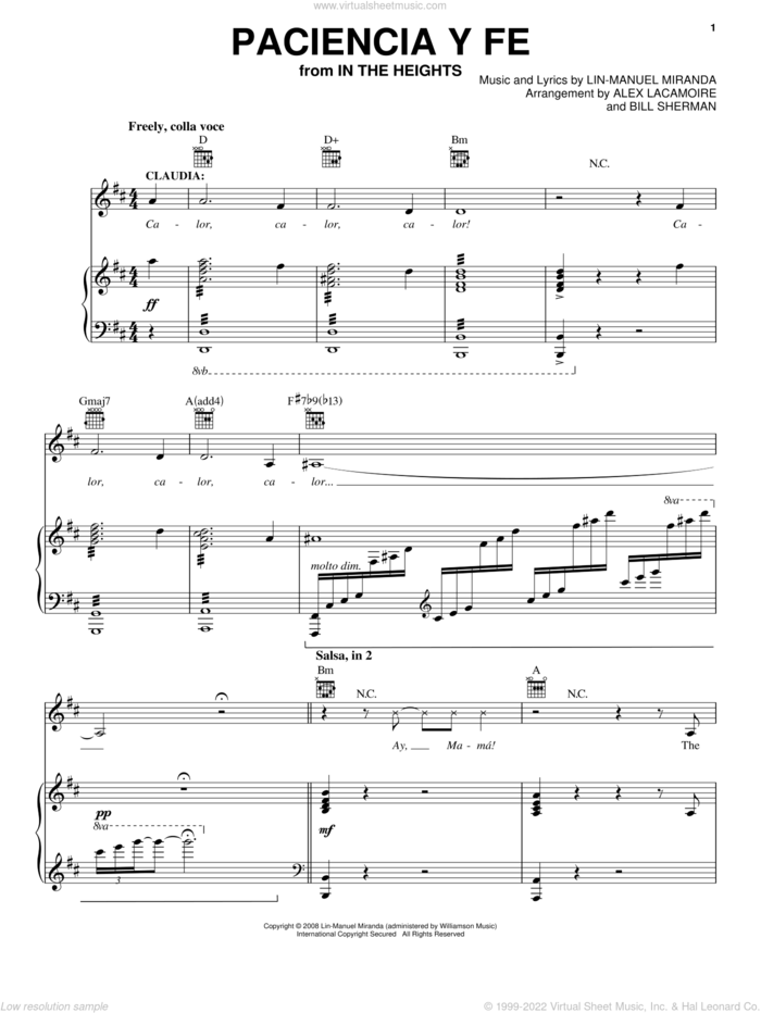 Paciencia Y Fe (from In The Heights: The Musical) sheet music for voice, piano or guitar by Lin-Manuel Miranda and In The Heights (Musical), intermediate skill level