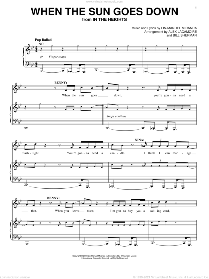 When The Sun Goes Down (from In The Heights: The Musical) sheet music for voice, piano or guitar by Lin-Manuel Miranda and In The Heights (Musical), intermediate skill level
