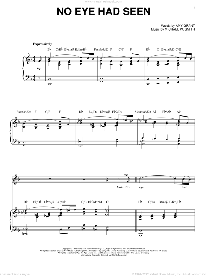 No Eye Had Seen sheet music for voice, piano or guitar by Michael W. Smith and Amy Grant, intermediate skill level