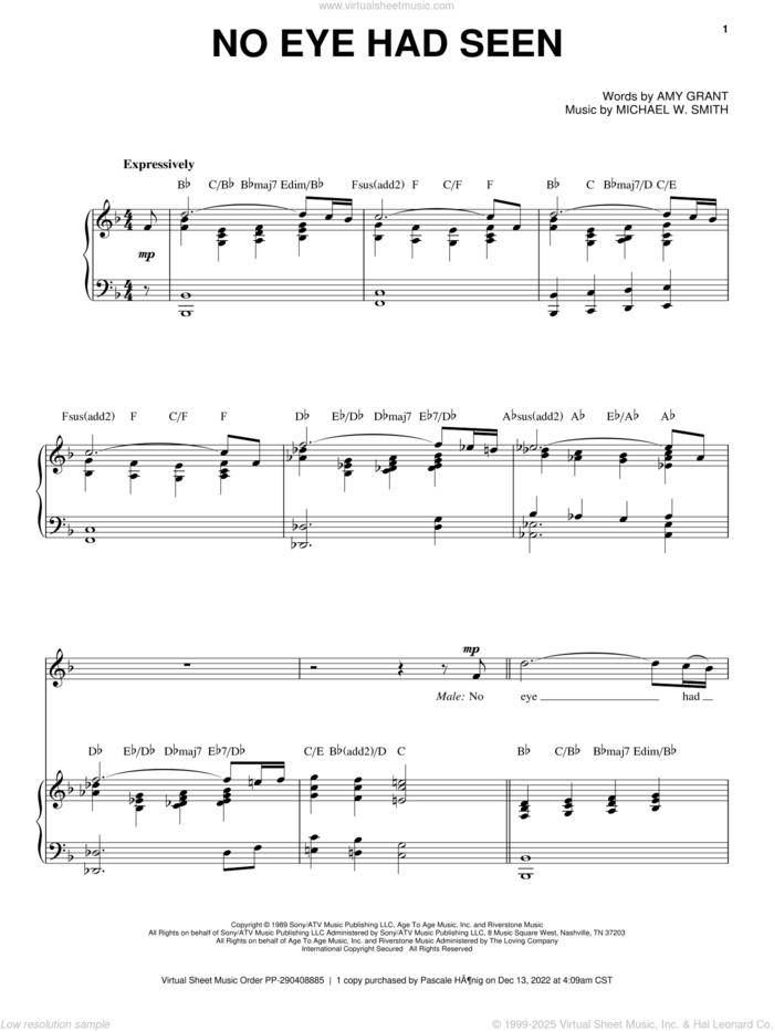 No Eye Had Seen sheet music for voice, piano or guitar by Michael W. Smith and Amy Grant, intermediate skill level