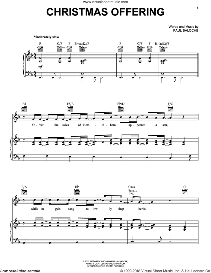Christmas Offering sheet music for voice, piano or guitar by Paul Baloche and Casting Crowns, intermediate skill level