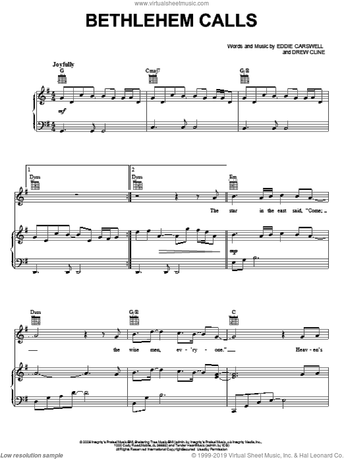 Bethlehem Calls sheet music for voice, piano or guitar by Newsong, Drew Cline and Eddie Carswell, intermediate skill level