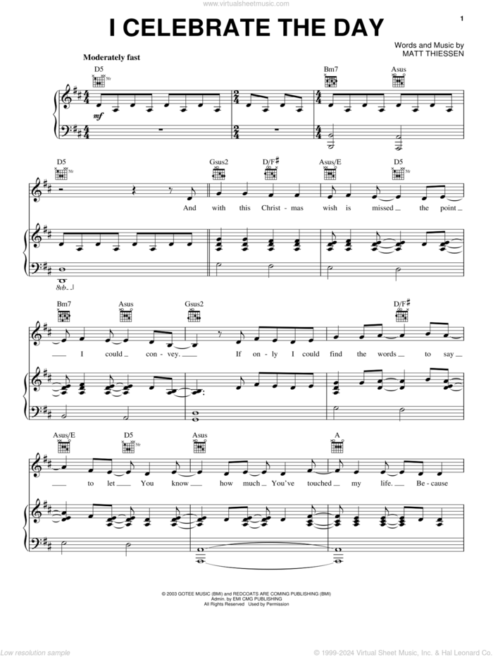 I Celebrate The Day sheet music for voice, piano or guitar by Relient K and Matt Theissen, intermediate skill level