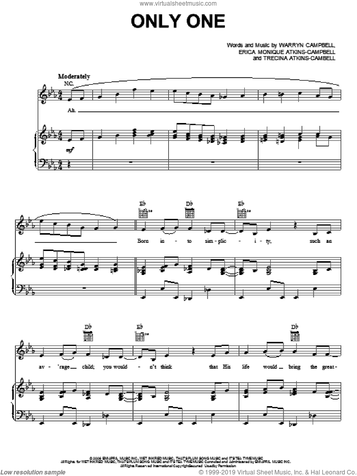 Only One sheet music for voice, piano or guitar by Mary Mary, Erica Monique Atkins-Campbell, Trecina Atkins Campbell and Warryn Campbell, intermediate skill level