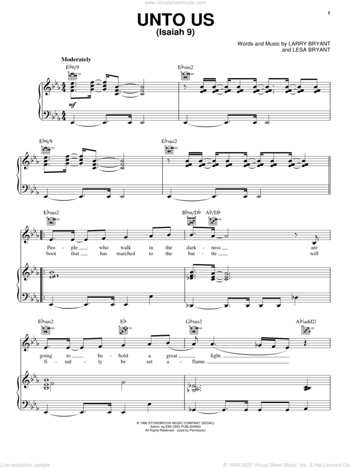 Unto Us (Isaiah 9) sheet music for voice, piano or guitar by Sandi Patty, Larry Bryant and Lesa Bryant, intermediate skill level