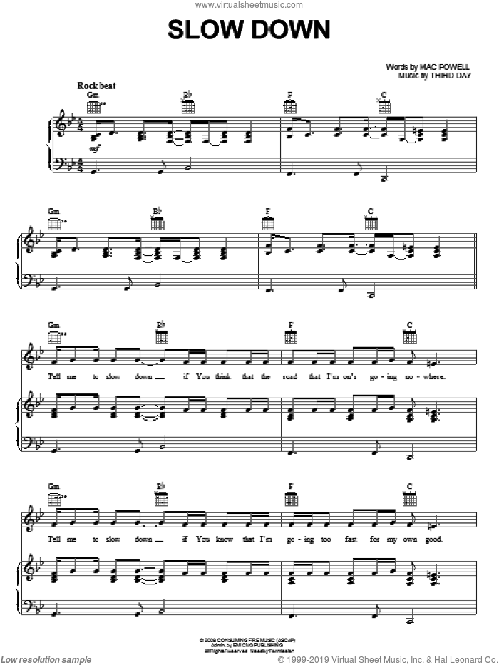 Slow Down sheet music for voice, piano or guitar by Third Day and Mac Powell, intermediate skill level