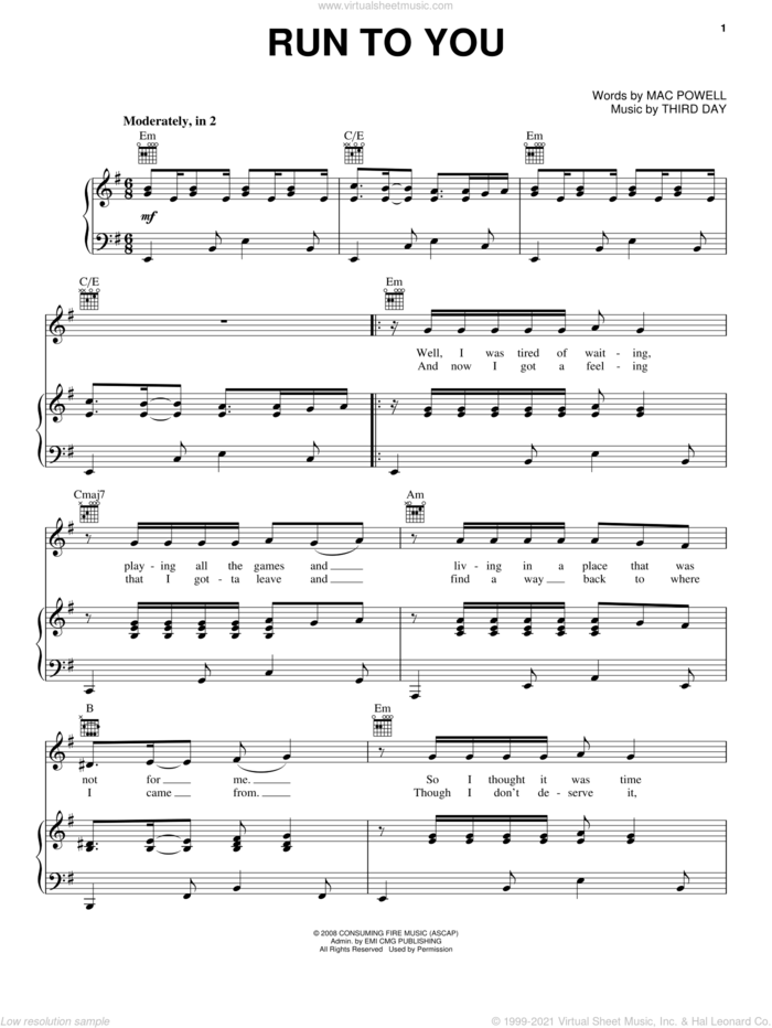 Run To You sheet music for voice, piano or guitar by Third Day and Mac Powell, intermediate skill level