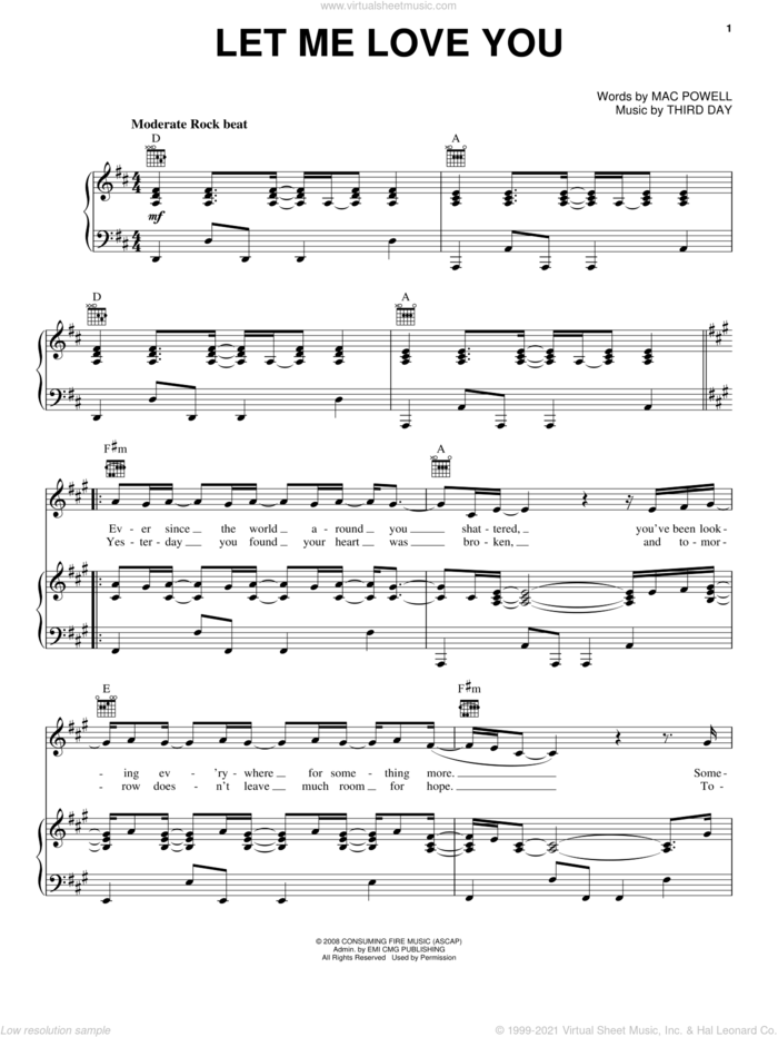 Let Me Love You sheet music for voice, piano or guitar by Third Day and Mac Powell, intermediate skill level
