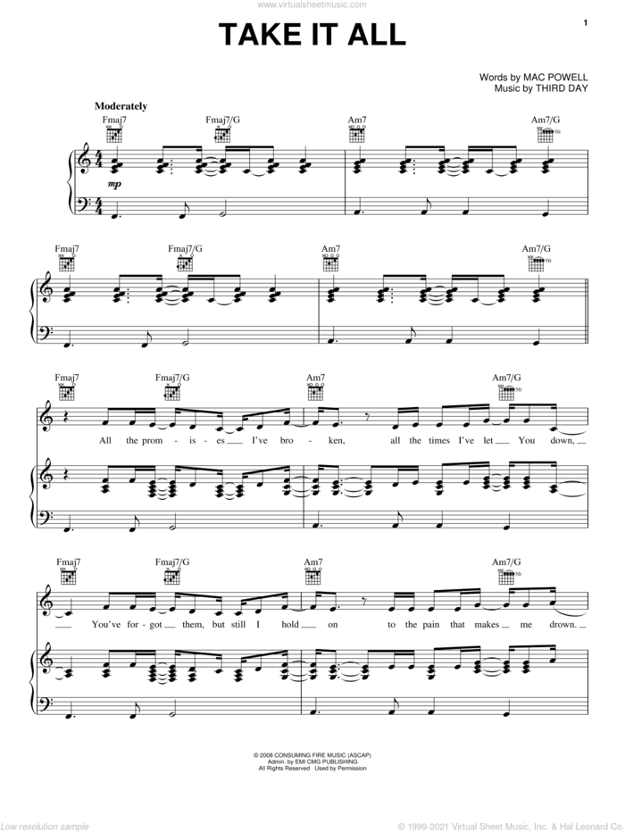 Take It All sheet music for voice, piano or guitar by Third Day and Mac Powell, intermediate skill level