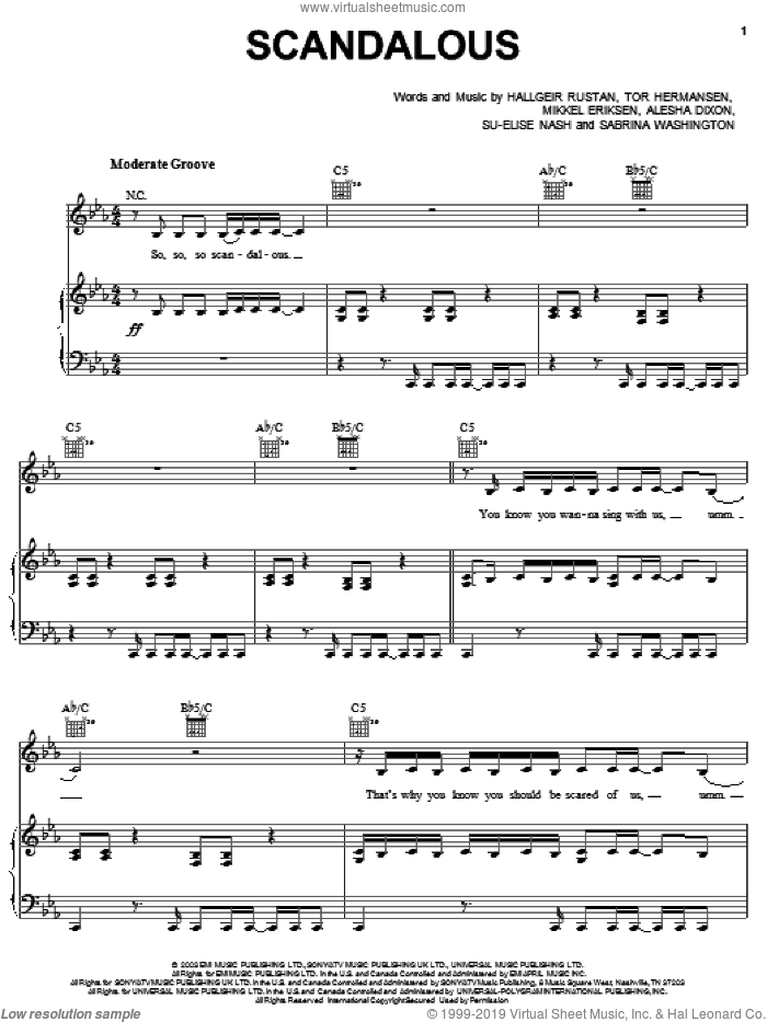 Scandalous sheet music for voice, piano or guitar by Mis-Teeq, Hallgeir Rustan, Mikkel Eriksen and Tor Erik Hermansen, intermediate skill level