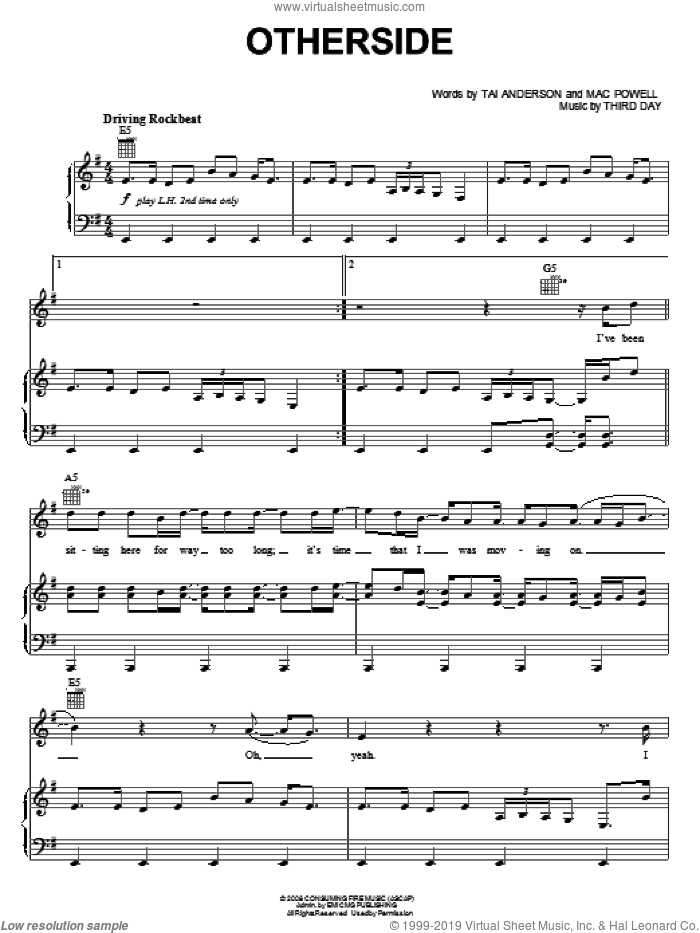 Otherside sheet music for voice, piano or guitar by Third Day, Mac Powell and Tai Anderson, intermediate skill level