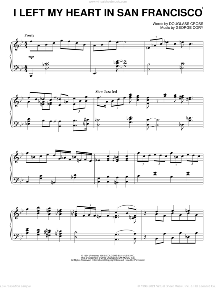 I Left My Heart In San Francisco, (intermediate) sheet music for piano solo by Tony Bennett, Douglass Cross and George Cory, intermediate skill level