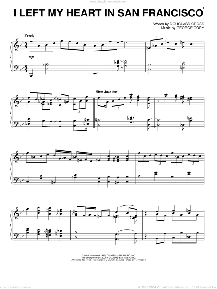 I Left My Heart In San Francisco, (intermediate) sheet music for piano solo by Tony Bennett, Douglass Cross and George Cory, intermediate skill level