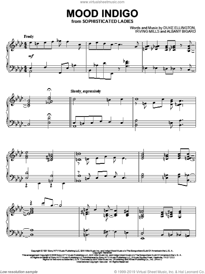 Mood Indigo sheet music for piano solo by Duke Ellington, Alan Jay Lerner, Albany Bigard and Irving Mills, intermediate skill level