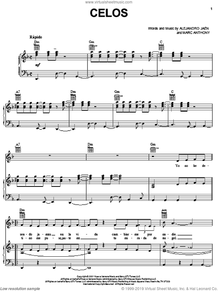 Celos sheet music for voice, piano or guitar by Alejandro Jaen and William Paz, intermediate skill level