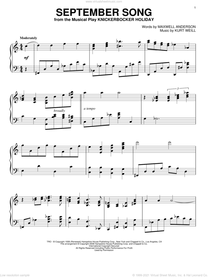 September Song, (intermediate) sheet music for piano solo by Kurt Weill, Alan Jay Lerner and Maxwell Anderson, intermediate skill level