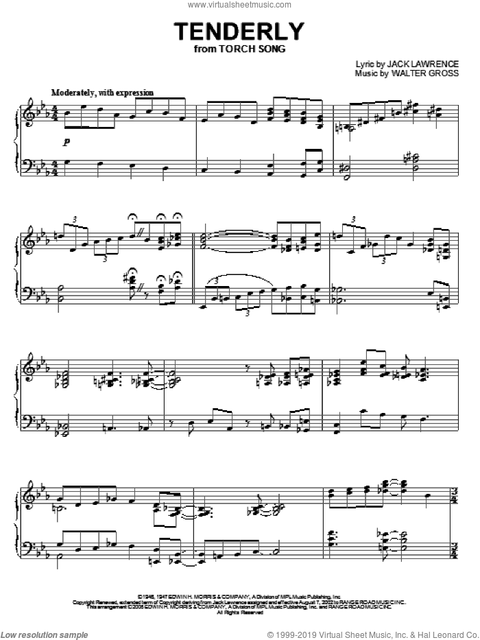 Tenderly, (intermediate) sheet music for piano solo by Jack Lawrence, Alan Jay Lerner and Walter Gross, intermediate skill level