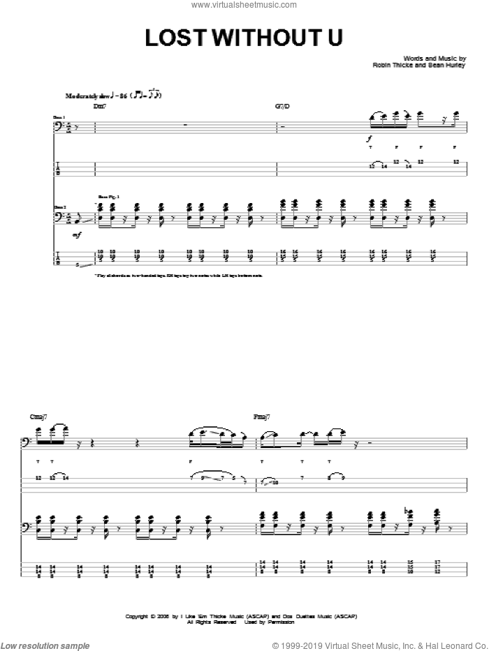 Lost Without U sheet music for bass (tablature) (bass guitar) by Robin Thicke and Sean Hurley, intermediate skill level