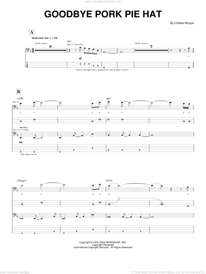 Goodbye Pork Pie Hat sheet music for bass (tablature) (bass guitar) by Charles Mingus, intermediate skill level