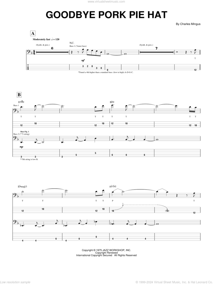 Goodbye Pork Pie Hat sheet music for bass (tablature) (bass guitar) by Charles Mingus, intermediate skill level