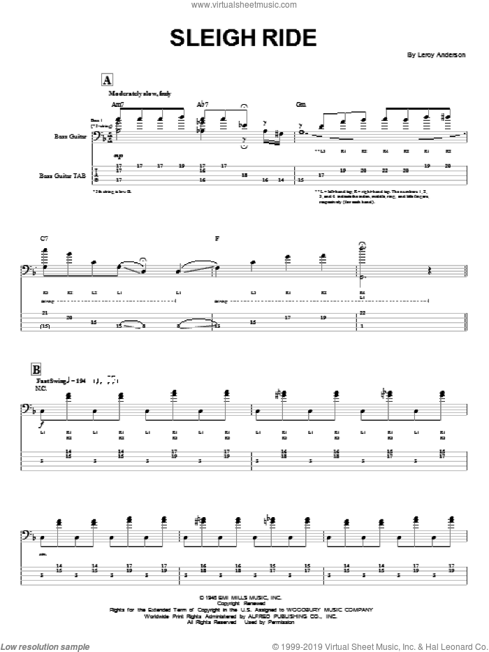 Sleigh Ride sheet music for bass (tablature) (bass guitar) by Leroy Anderson and Mitchell Parish, intermediate skill level