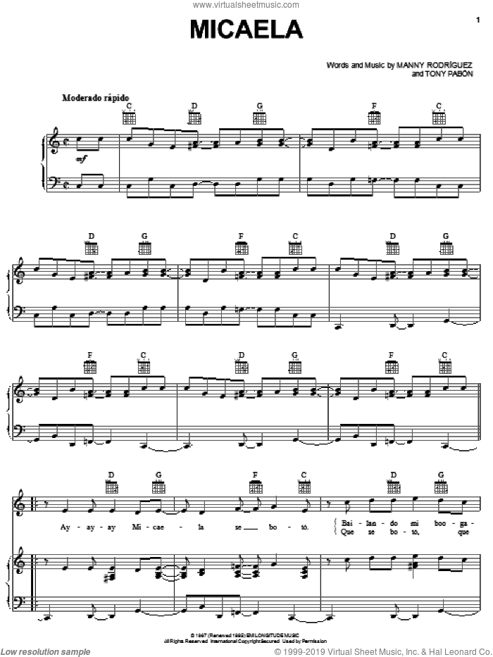 Micaela sheet music for voice, piano or guitar by Manny Rodriguez and Tony Pabon, intermediate skill level