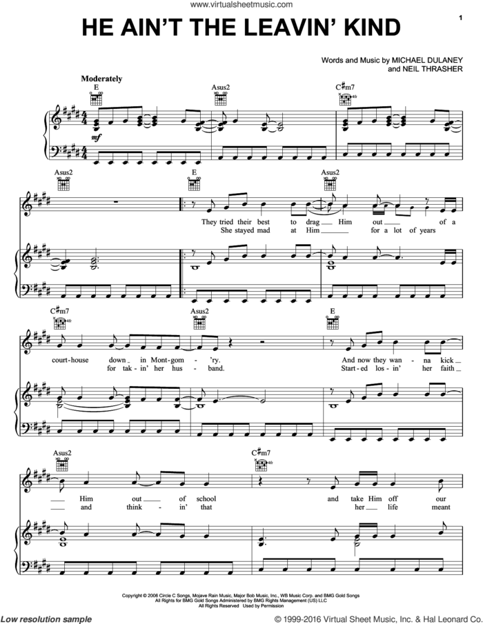 He Ain't The Leavin' Kind sheet music for voice, piano or guitar by Rascal Flatts, Michael Dulaney and Neil Thrasher, intermediate skill level