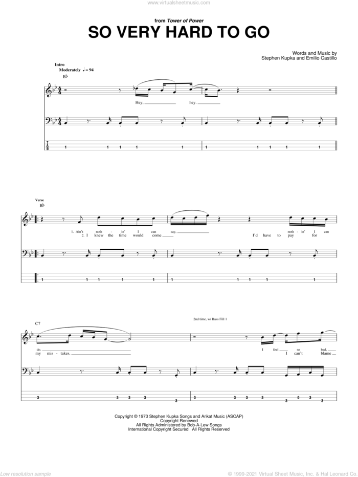 So Very Hard To Go sheet music for bass (tablature) (bass guitar) by Tower Of Power, Emilio Castillo and Stephen Kupka, intermediate skill level