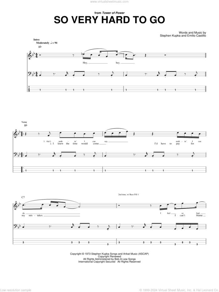 So Very Hard To Go sheet music for bass (tablature) (bass guitar) by Tower Of Power, Emilio Castillo and Stephen Kupka, intermediate skill level