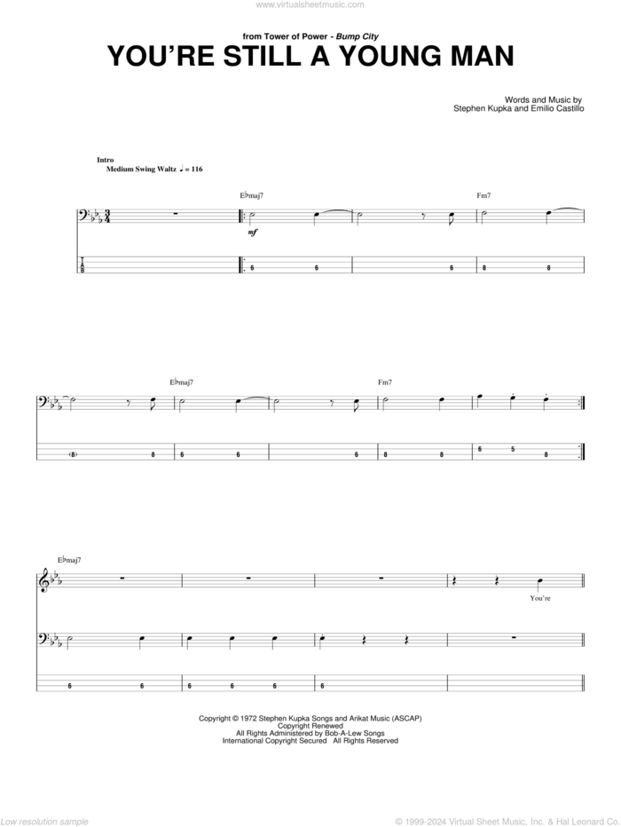 You're Still A Young Man sheet music for bass (tablature) (bass guitar) by Tower Of Power, Emilio Castillo and Stephen Kupka, intermediate skill level